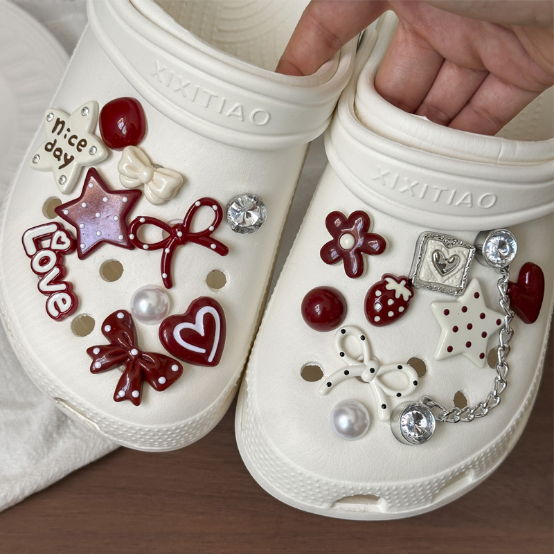 Fashion Red Bow Shoe Charms Set DIY Pearl Star Shoe Decoration Removable shoe buckle 1Set