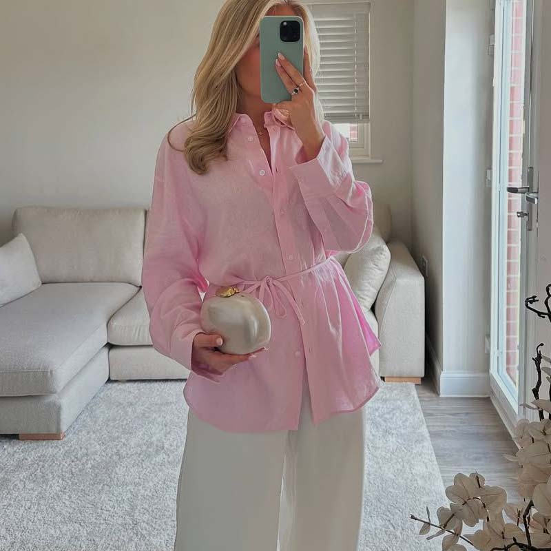YENKYE printemps 2025 femmes bouton avant chemise ample à manches longues ceintures jaune rose blanc Blouse élégante décontracté dame chemises Blusas