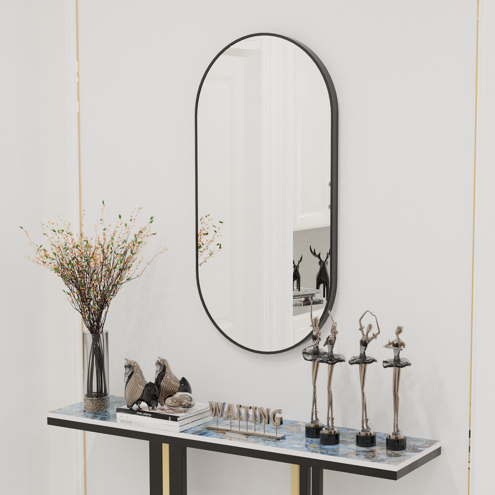Espejo ovalado negro de 20x40 pulgadas, marco de Metal para baño, entrada, sala de estar, colgante Vertical y Horizontal
