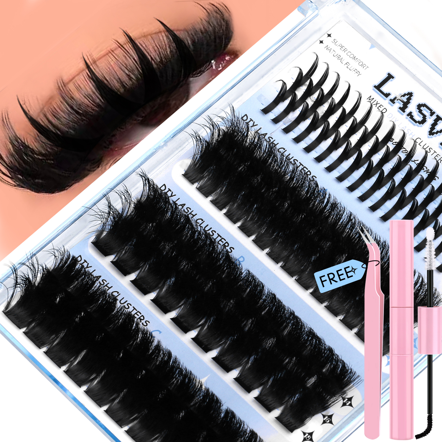 Lasvirey Kit de pestañas postizas en racimo, 4 en 1, extensiones individuales con adhesivo y sellador.