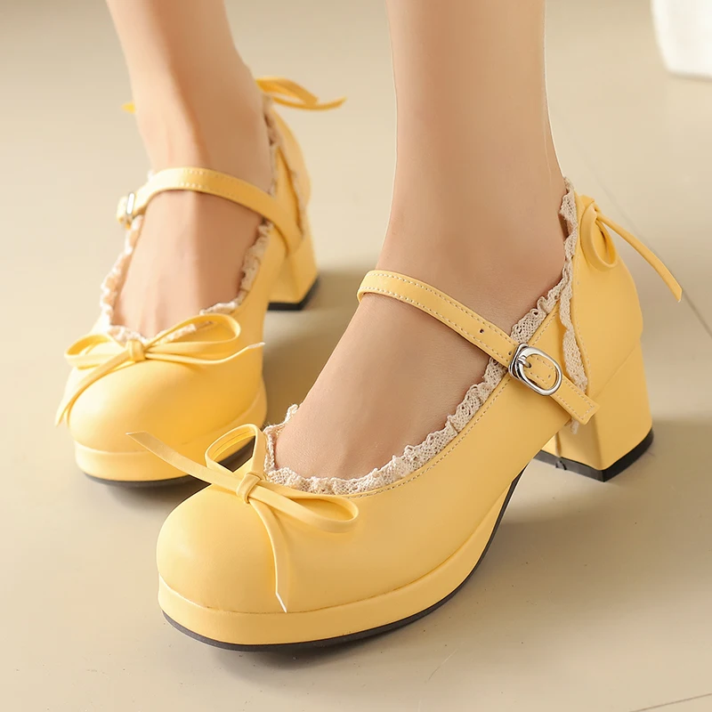 Escarpins Lolita Cosplay Mary Jane pour femmes, talon bloc à plateforme à sangle, dentelle et nœud, chaussures habillées Vintage Kawaii, grande taille 31-50