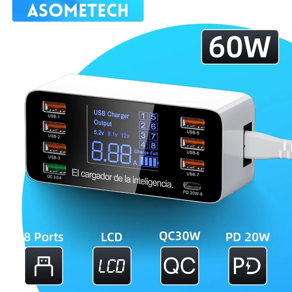 Adaptador de cargador USB QC 3,0 4,0 de carga rápida de 60W, cargador USB C para teléfono y tableta, cargador rápido para iPhone 12 Pro, xiaomi, huawei y samsung