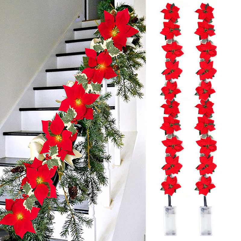 Poinsettia flores de natal guirlanda luzes da corda enfeites de árvore de natal interior/exterior decoração de festa de natal navidad