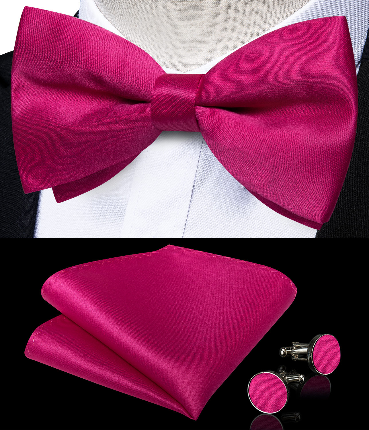 Masculino sólido pré-amarrado laço rosa laço vermelho bolso quadrado botões de punho conjuntos para o homem ajustável seda borboleta nós festa de casamento