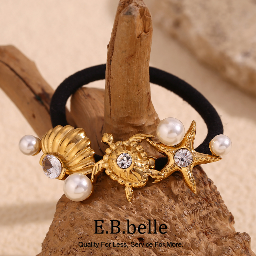 E.B.belle Waterproof Elegant Starfish Turtle Shell With Pearl Hair Band Stainless Steel Gold Plated Sea Animal Scrunchies
