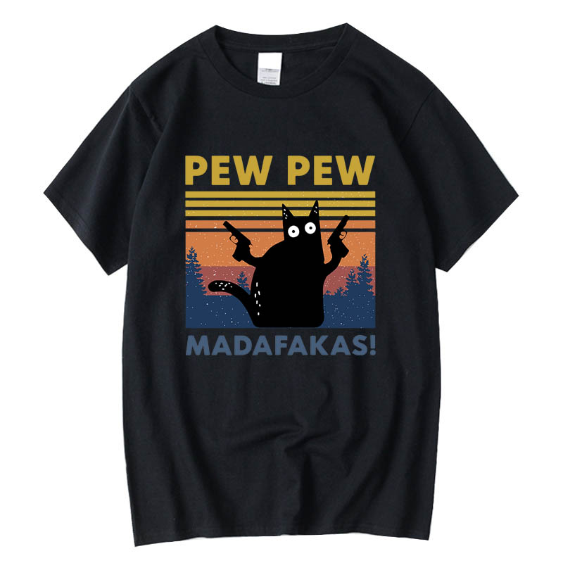 Pew Pew Madafakas Tshirt 남성 반팔 참신 재미 있은 고양이 T 셔츠 코튼 루즈 탑 셔츠 티 T 셔츠 크루 넥 streetwear