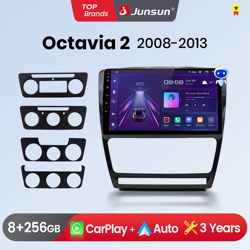 Junsunless Wireless CarPlay Android Auto Radio mobil untuk Skoda Octavia 2 A5 2008 GPS Multimedia 2 din sistem Stereo
