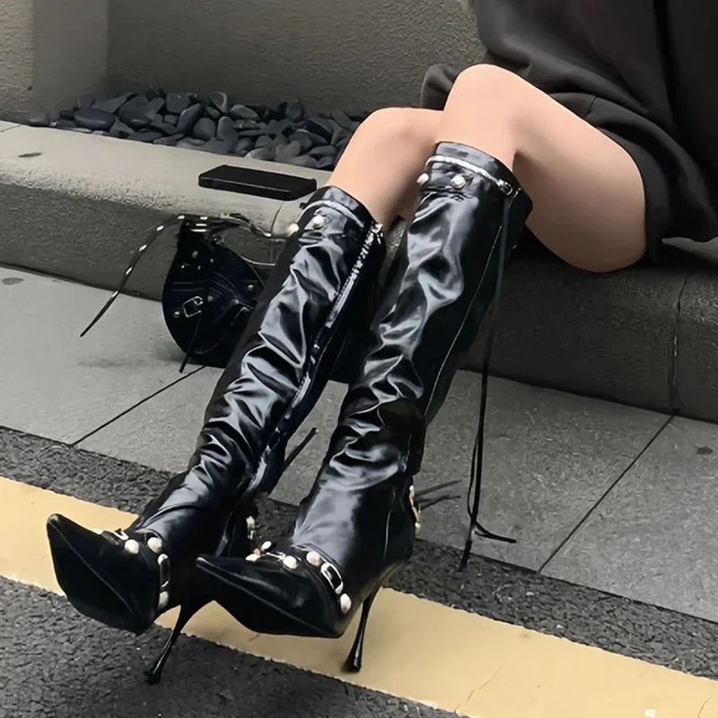 Nuevas botas altas de caballero para mujer, botines largos elegantes con punta estrecha y cremalleras laterales a la moda, calzado para mujer