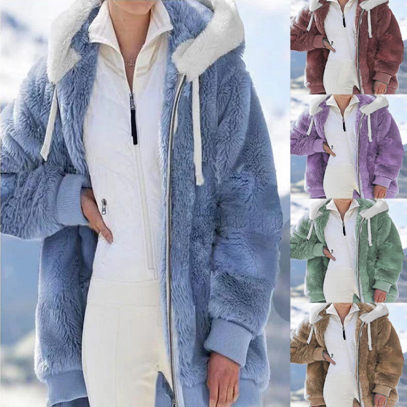Nowy styl moda zimowa płaszcz damski Casual z kapturem na zamek błyskawiczny ubrania damskie kaszmirowa damska kurtka polarowa jednokolorowe płaszcze damskie