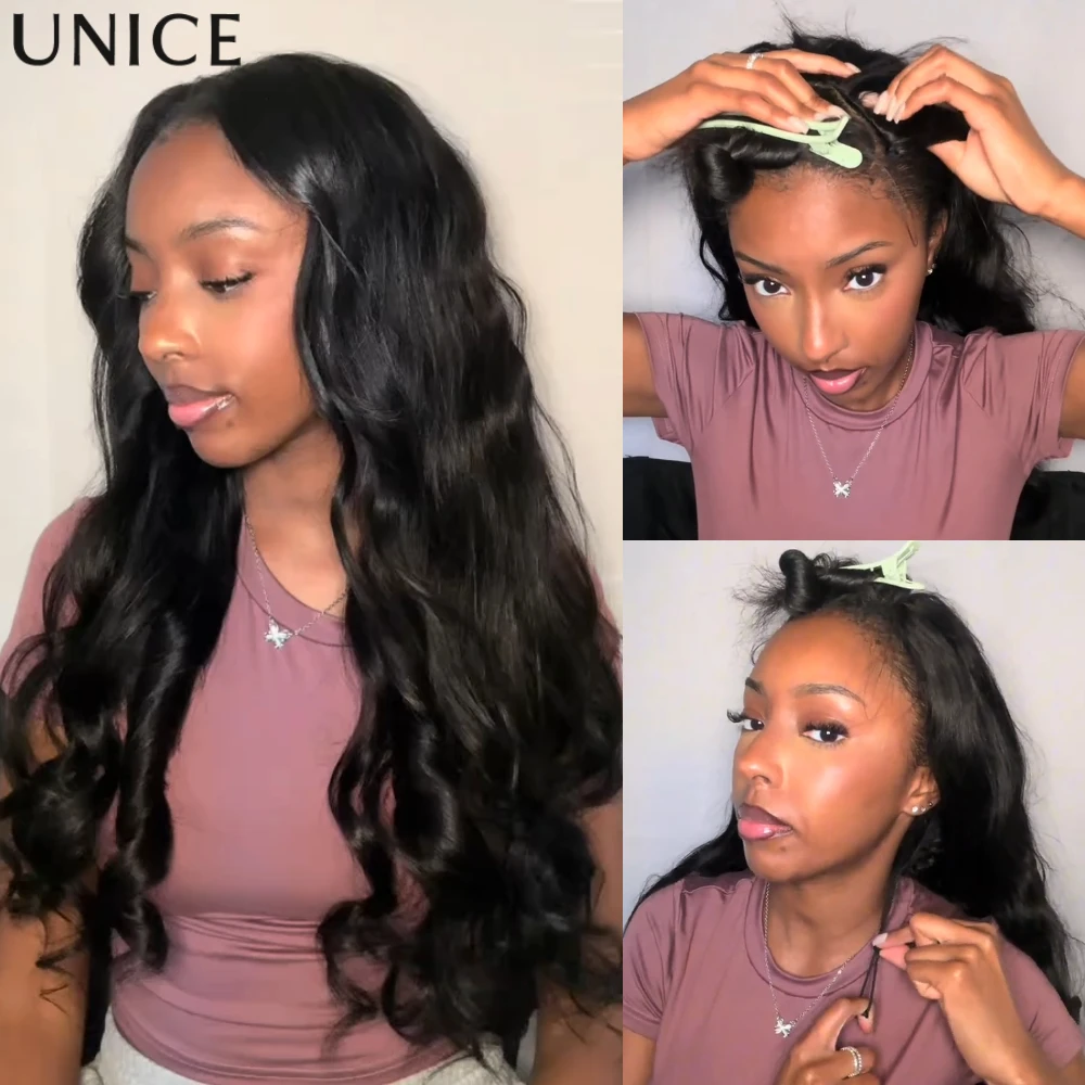 UNice Hair Body Wave V Part Wig With Drawstring Natural Color 100% Human Hair Wig No Glue Minimal Leave Out