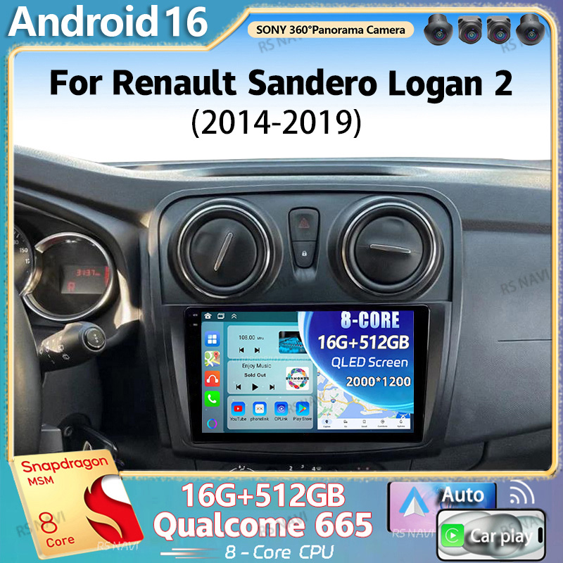 Автомагнитола Android 16 2K QLED для Renault Sandero Logan 2 2014-2019, мультимедийный видеоплеер, GPS, AI Voice, CarPlay, 4G, стереосистема