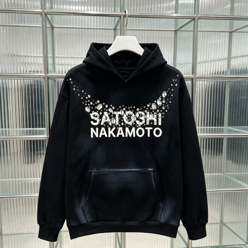 Oversized zwarte Satoshi hoodie retro spray dirty rhinestone knoop studs ketting logo hooded sweatshirts 2XL heren dames streetwear