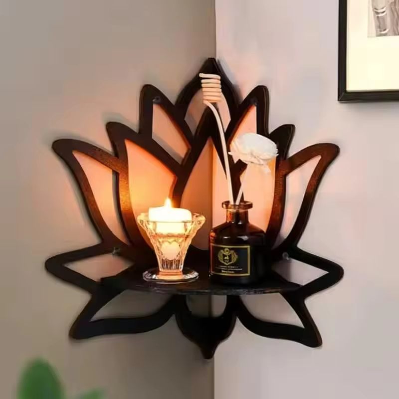 Wooden Lotus Hollow Handmade Decorative Rack Aromatherapy Organiser Essential Oil Candle Holder Wall Mounted Shelf Corner
