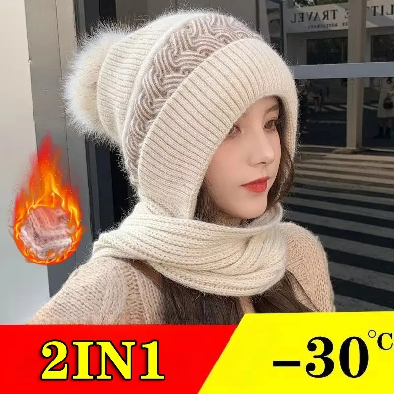 Bonnet et écharpe tout-en-un pour femme, bonnet rembourré pour le cou, protection des oreilles, cheveux de lapin chauds, mignon, résistant au froid, cyclisme, hiver