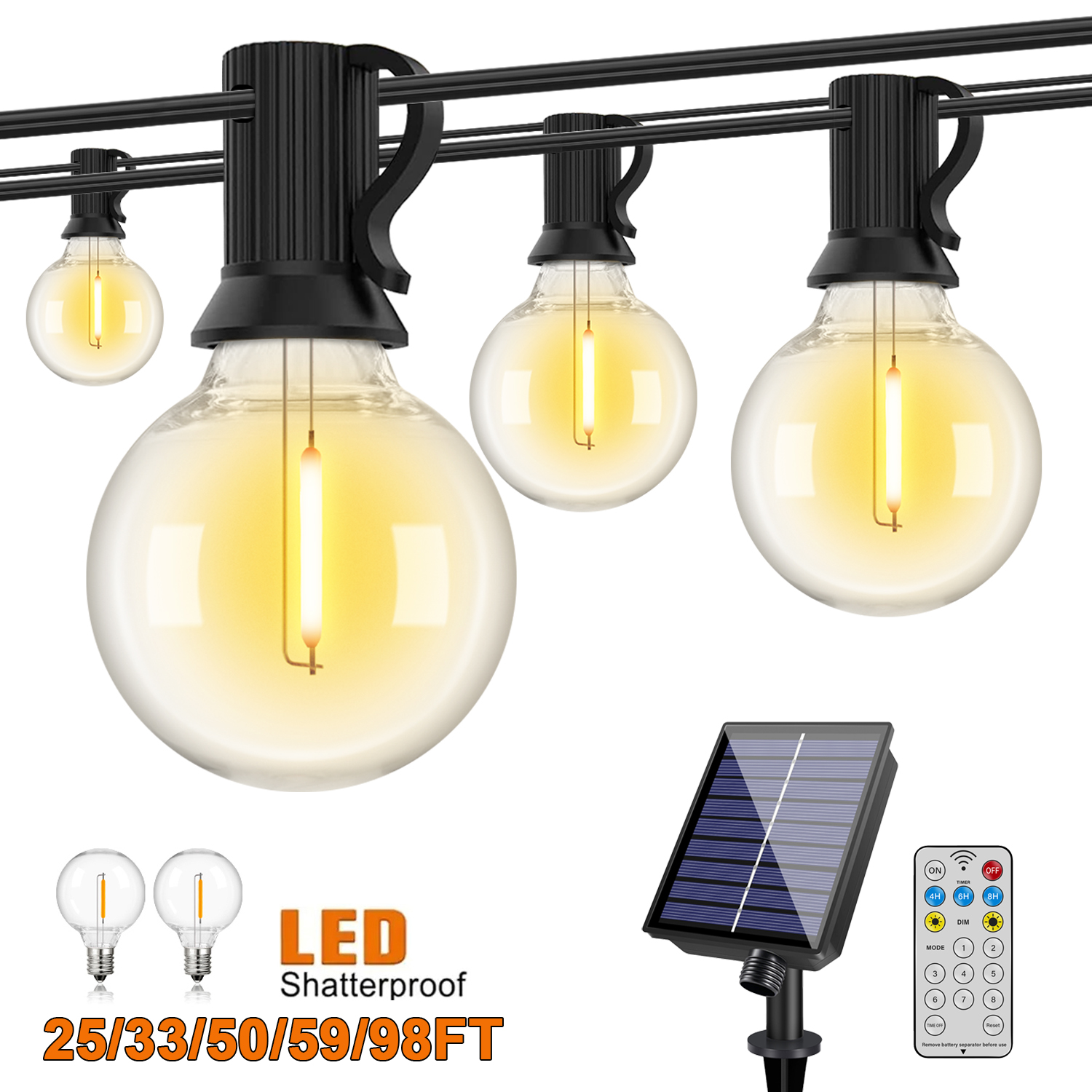 Guirlande solaire LED pour l'extérieur, 50 pieds, 100 pieds, 24V, G40, incassable, Rechargeable, suspendue, pour décoration de Patio, Pergola