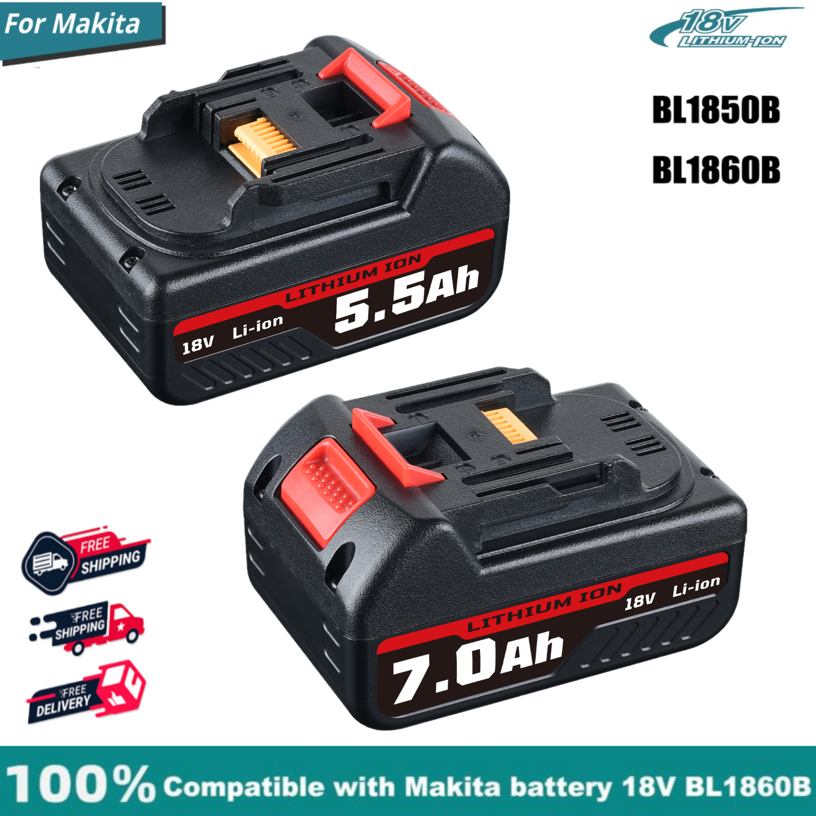 Baterai Li-on 5.5Ah/7.0Ah BL1860B-D Pengganti untuk Makita 18V BL1850B BL1830 BL1815 BL1890, Kompatibel dengan Perkakas Listrik Tanpa Kabel