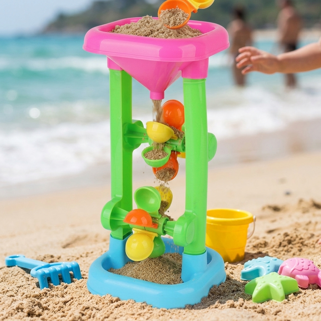 Set di giocattoli da spiaggia per bambini, combinazione di clessidra e ruota idraulica, adatta a diversi tipi di sabbia