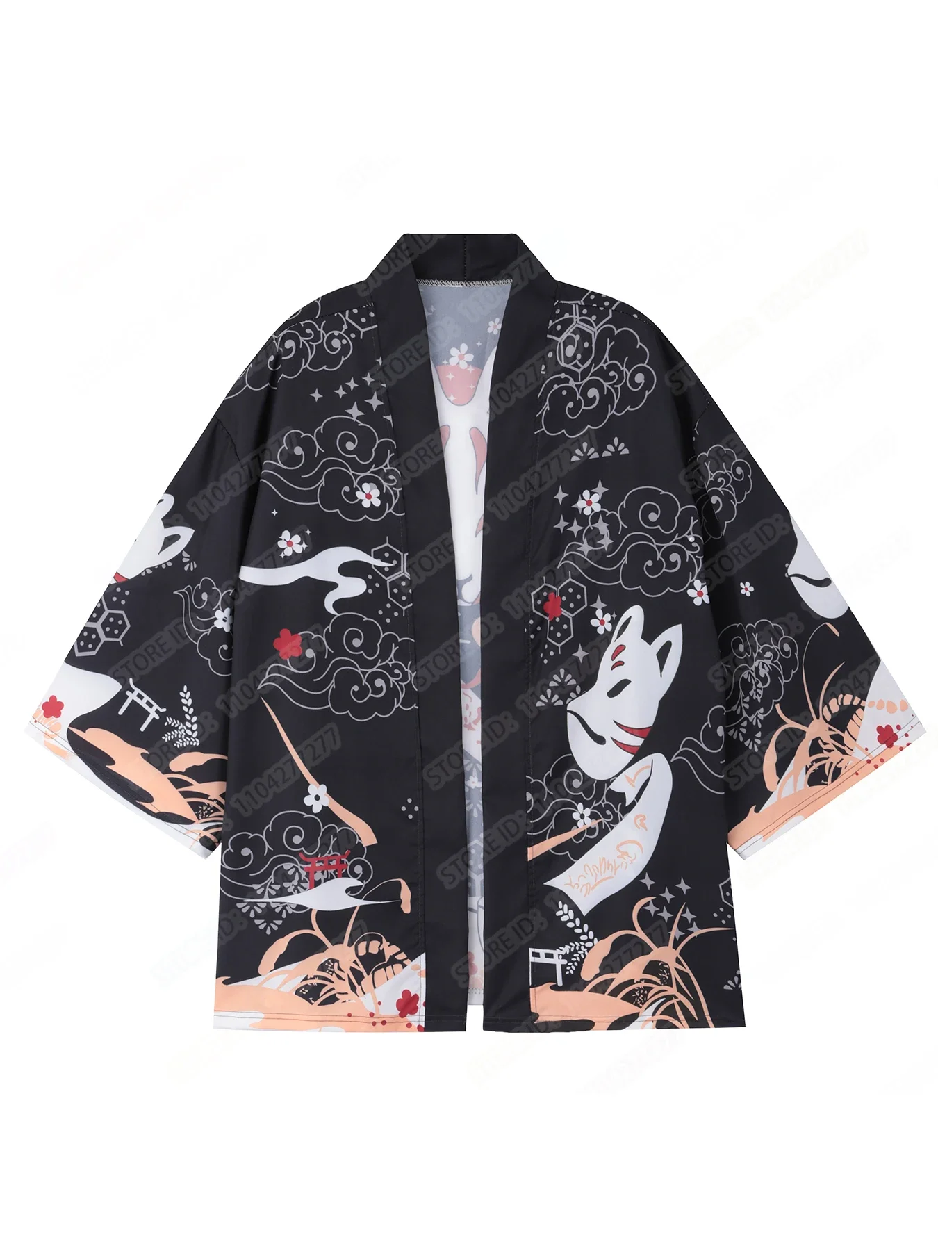 Máscara de raposa impressa quimono masculino tradicional japonês quimono feminino haori yukata 3/4 manga aberta frente manto quimono mujer unisex