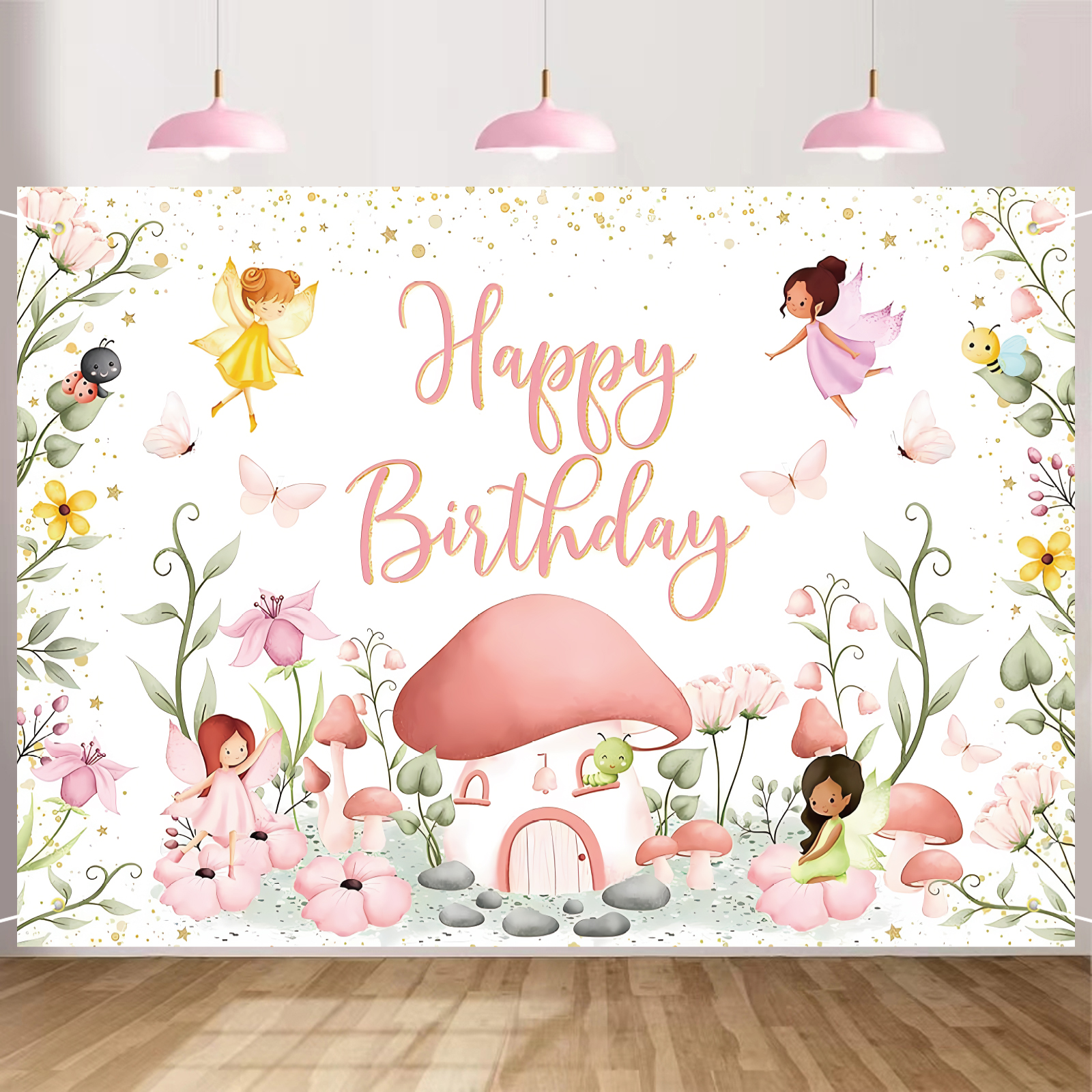 Feen-Geburtstagshintergrund, Elfe, Pilz, Feen-Geburtstagsparty-Dekorationen, Feen-Geburtstagshintergrund für rosa Blumen, Schmetterling, Garten