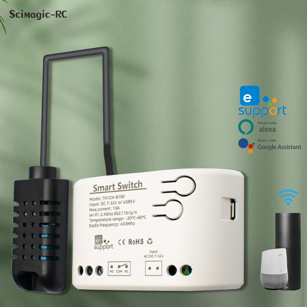 EWELINK Smart WiFi 1-канальное реле с датчиком температуры, влажностью, пассивный сухой контактный переключатель RF433 Alexa Google Home
