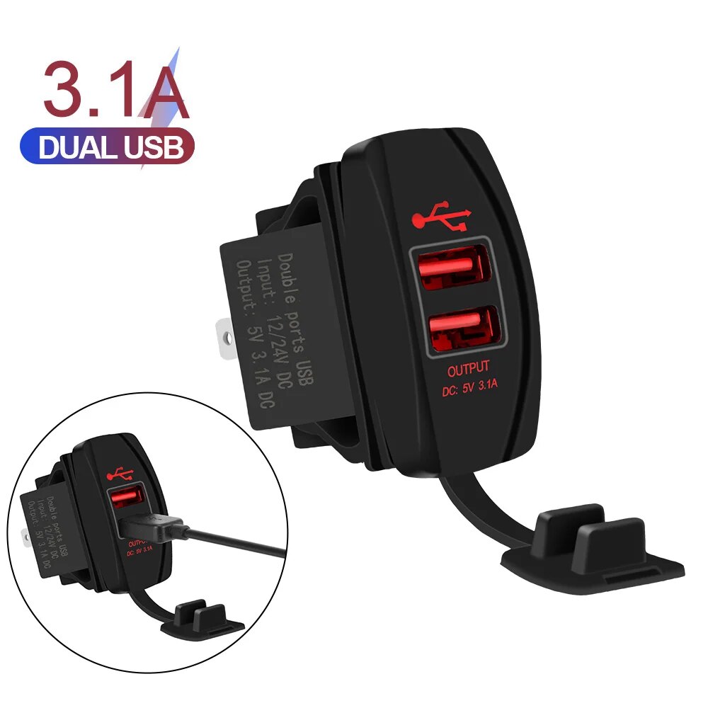 LED 자동차 소켓 충전기, 듀얼 USB 포트, 방진 휴대폰 충전기, 트럭 RV 캠핑 캐러밴용 전원 어댑터, 5V 3.1A