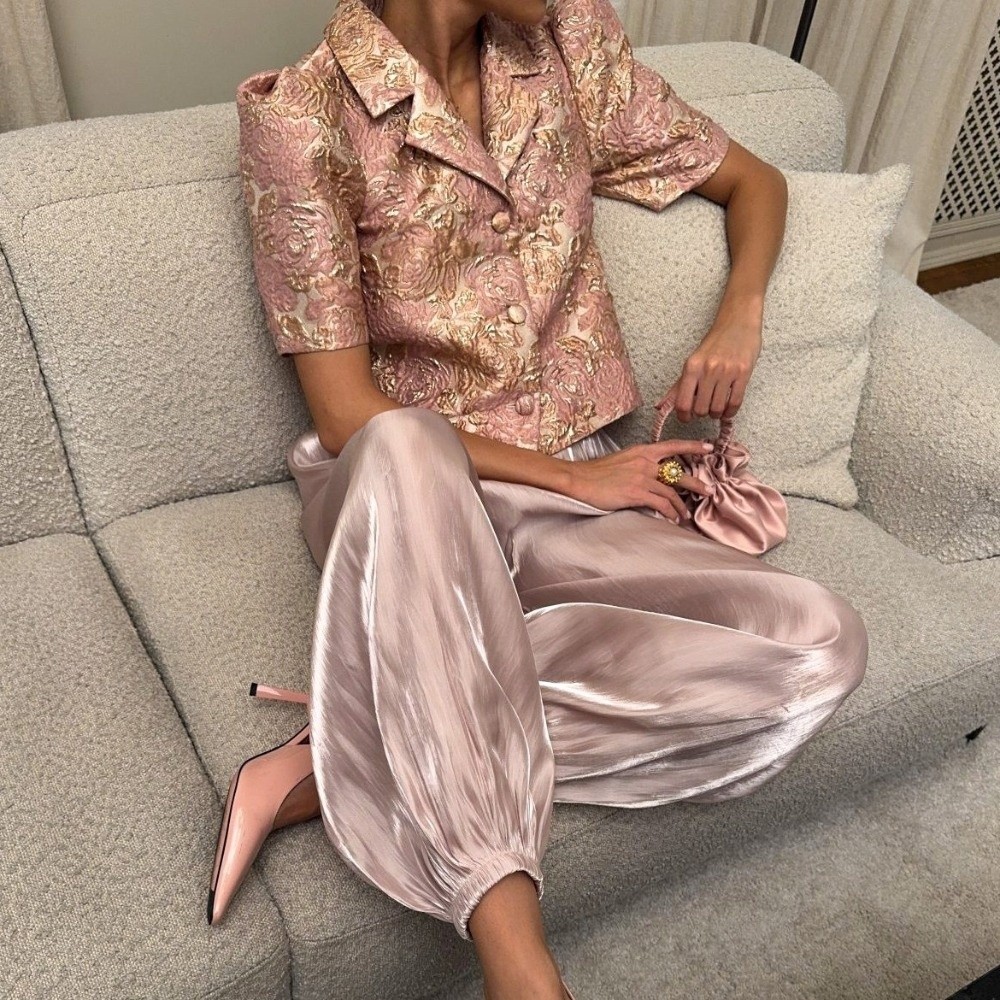 Casual Loose Satin Lantern Pants High Waist Elegant Crepe Loose Bloomers Elastic Long Loose Ankle Pants Spring Summer