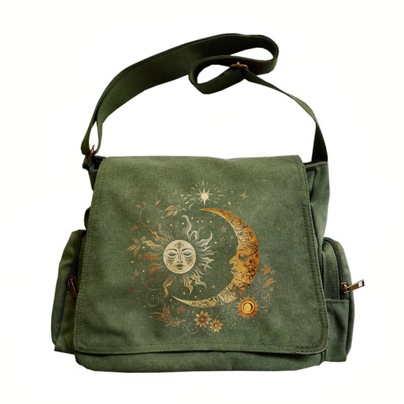 Retro Damen Messenger Bag Canvas Sun Moon Print Große Kapazität Laptop Umhängetasche Umhängetasche