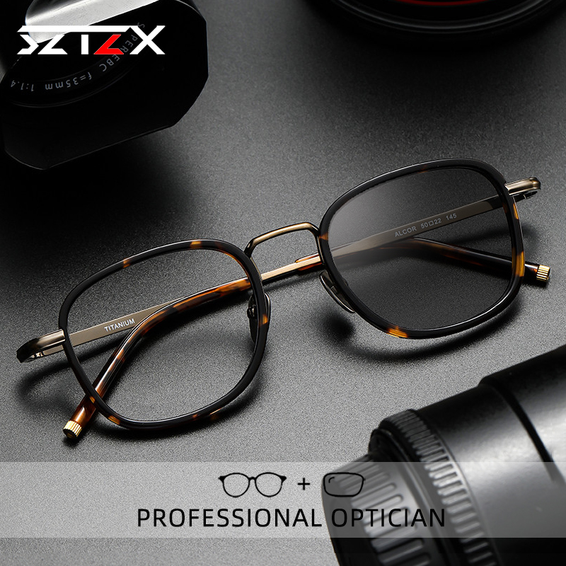 SZTZX Photochrome Myopie Lesebrille Männer Klassische Reinem Titan Essigsäure Anti Blue Ray Hyperopie Rezept Optische Gläser