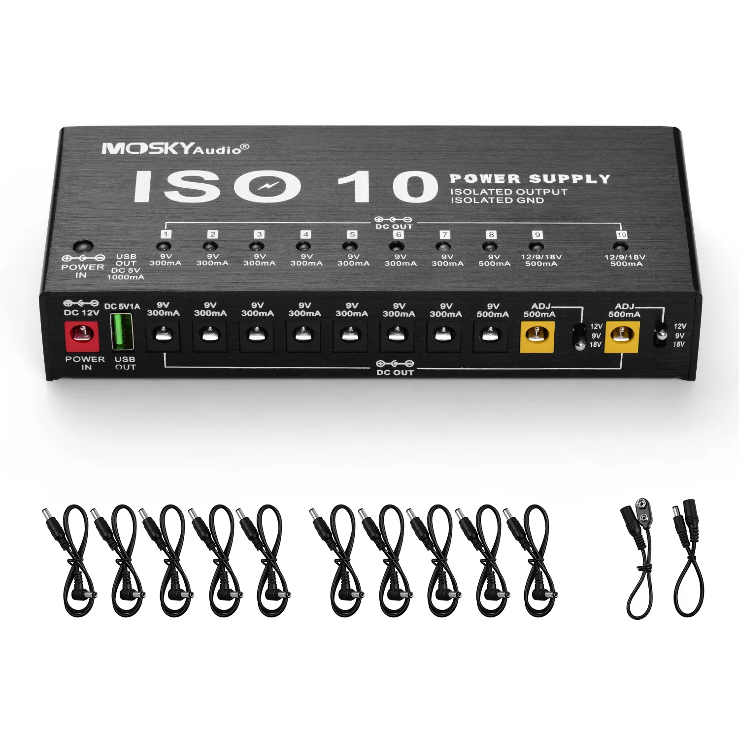 Mosky ISO-10 pedal de efeito de guitarra fonte de alimentação 10 saídas dc isoladas/5v saída usb para 9v 12v 18v proteção acessórios de guitarra