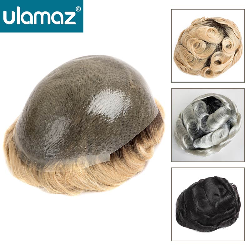 Prótesis de cabello humano con piel anudada para hombres, peluquín completo de poliéster PU, prótesis de cabello masculino de platino ombré, sistema de cabello Natural para hombres