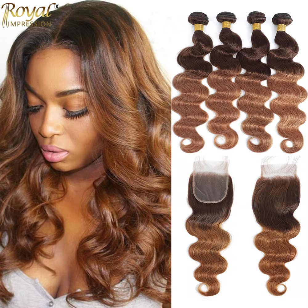Extensiones de Cabello Humano Ondulado con Cierre, Paquetes de Cabello Brasileño con Cierre, Ombre de Colores, 3/4 Paquetes con Cierre, Remy