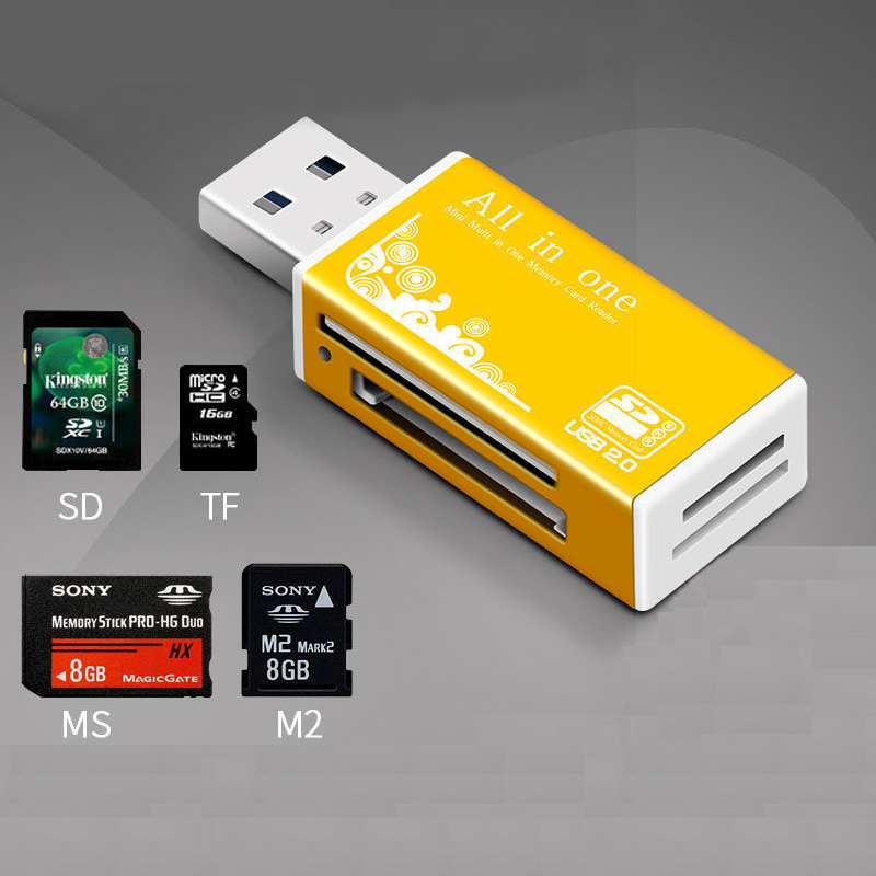 Legierungskartenleser 4 Ports USB2.0 Micro SD TF M2 MS Pro Duo MMC SDHC DV Telefonkamera Speicherkartenadapter mit LED-Anzeige