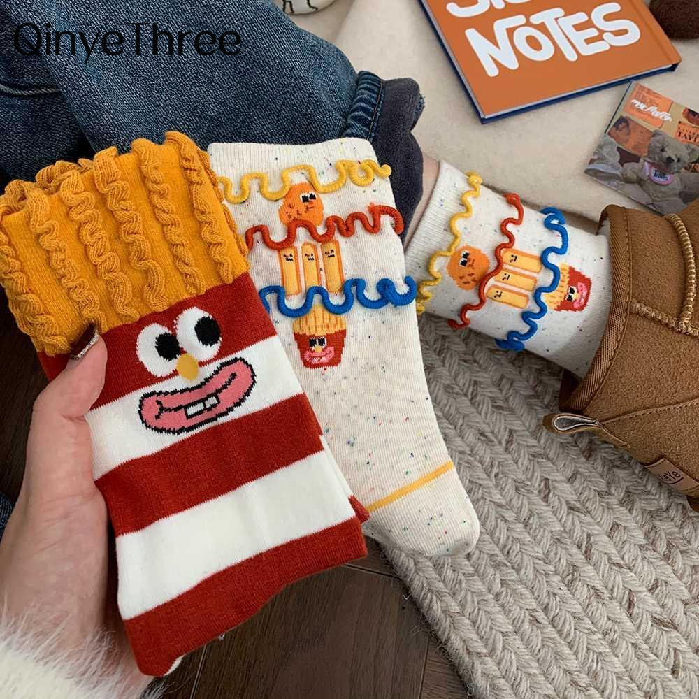 Divertente cartone animato Graffiti 3D simpatico Hamburger patatine fritte calzini a tubo morbido cotone a righe Creative versatili Sokken