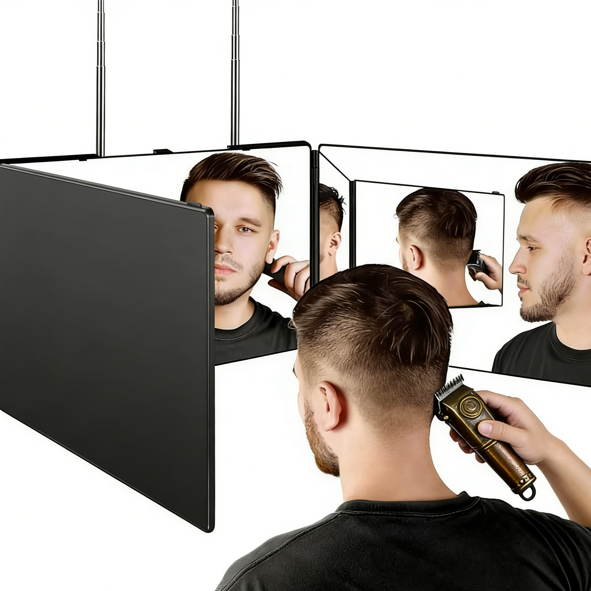 Espejo de Maquillaje Portátil de Viaje, Plegable en 3 Partes, con Gancho Telescópico Ajustable en Altura para Cortar el Cabello, Espejo Plegable