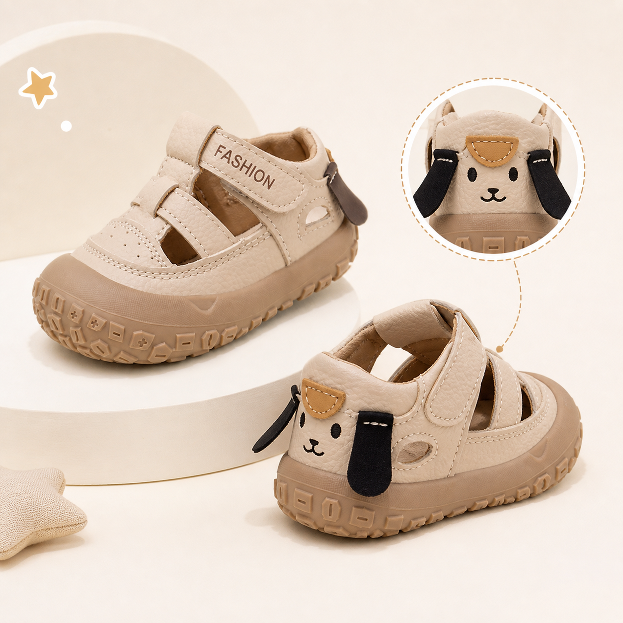 Sandalias de verano de cuero PU para niños, sandalias ergonómicas antideslizantes con diseño de perro para niños y niñas, sandalias descalzas para niños