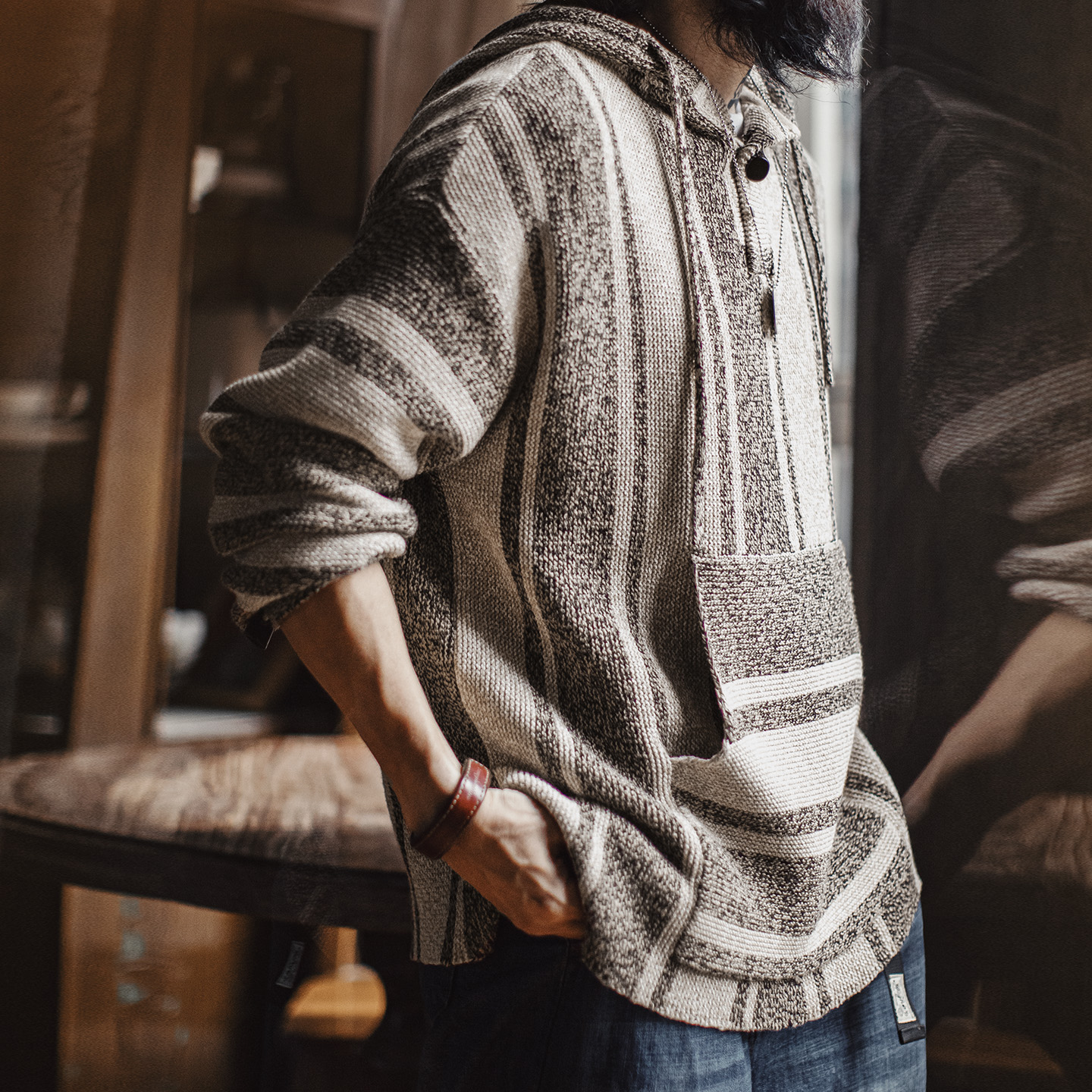 Maden Sudadera con capucha Baja de estilo mexicano para hombre, jersey de punto a rayas con media cremallera, sudadera ligera y holgada para primavera y otoño