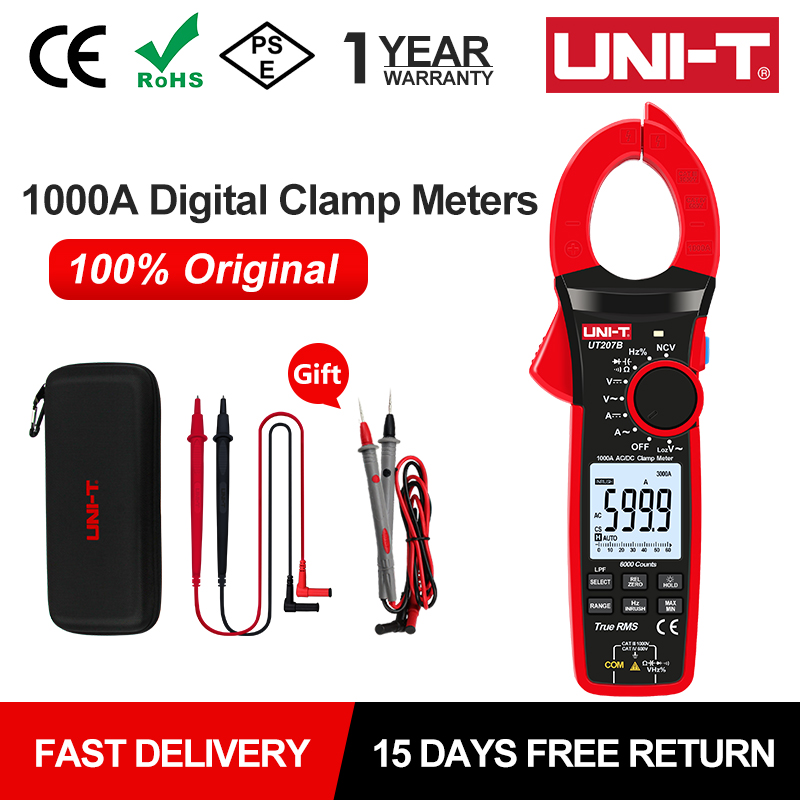 Pinza amperimétrica Digital True RMS, medidor de 1000V, CA, CC, voltímetro, alicates, amperímetro, UT206B, UT207B, UT208B, prueba de corriente de entrada, LPF, ACV, UNI-T, 1000A