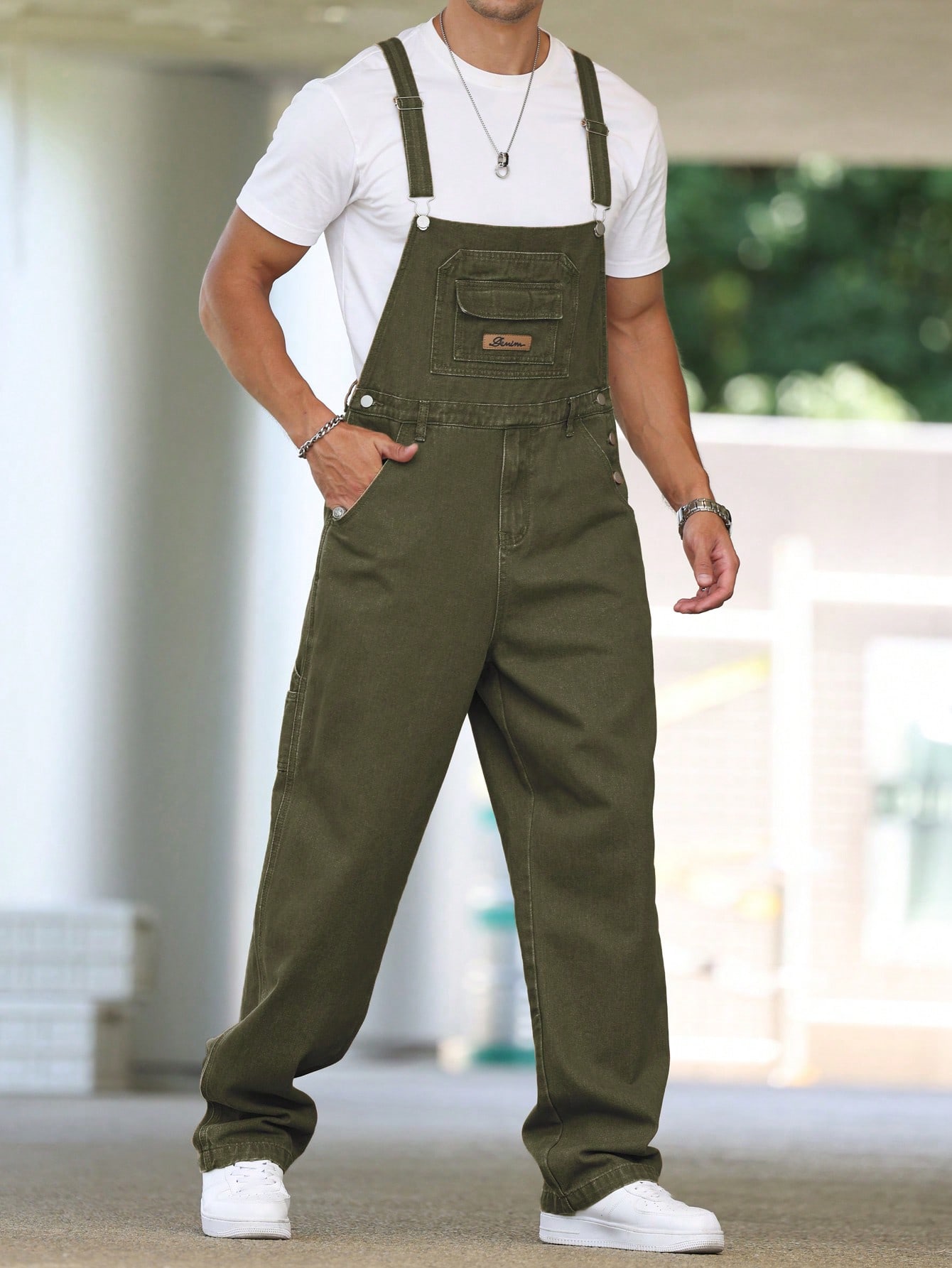 Men's Four - Season Green Denim Overalls, Loose Straight - Leg, Casual Style, American Retro Trend