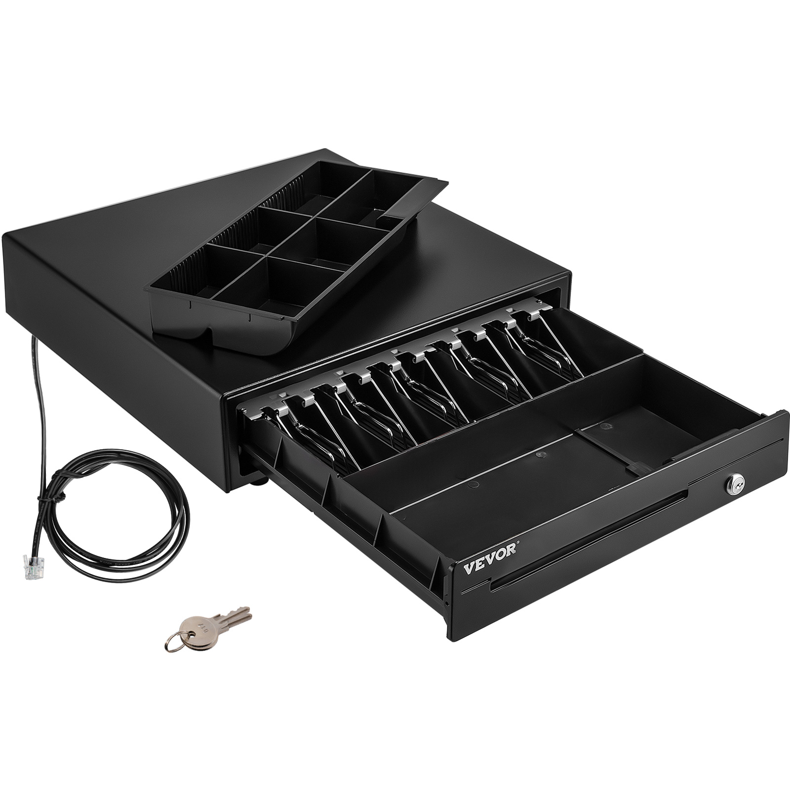 SucceBuy Laci Kasir 16 "12 V untuk Baki Sistem POS Kompartemen Koin Dapat Dilepas & 2 Kunci Termasuk Laci Kabel RJ11/RJ12