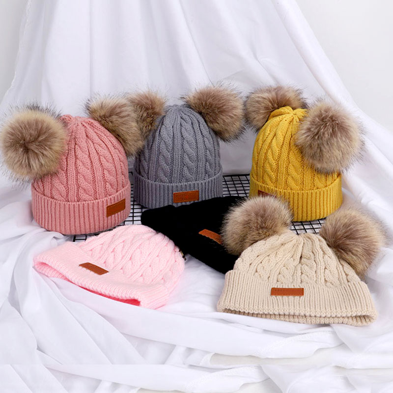 Infantil de lã dupla malha Pompom Beanie Caps, chapéu bonito do bebê, boné quente, gorro, chapéus para crianças, meninos, meninas, outono, inverno