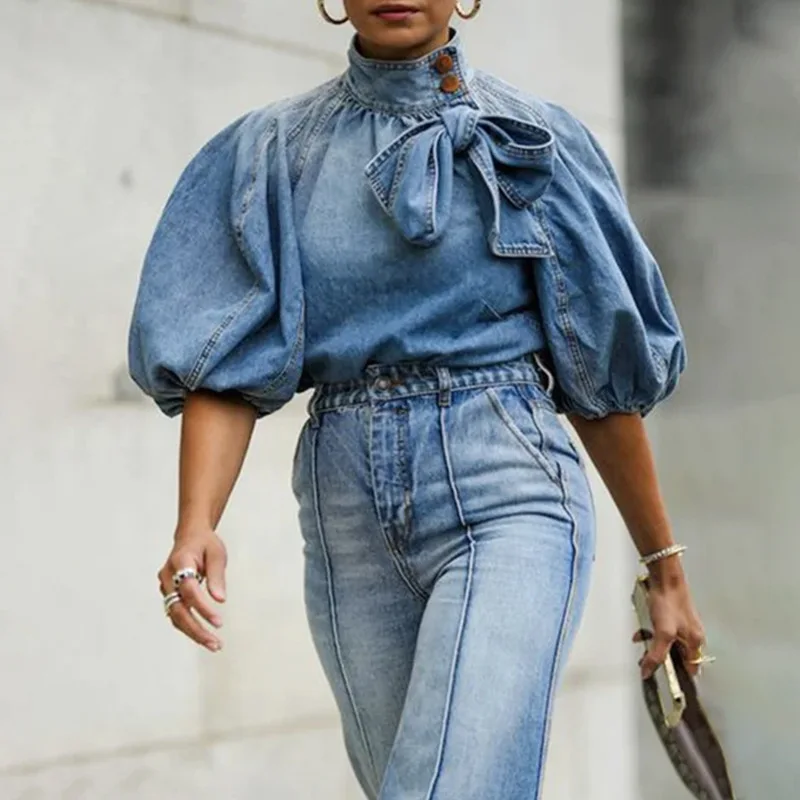 Camisetas de cuello alto con lazo para mujer, Tops de media manga abullonados con botones, camisetas vaqueras informales holgadas, Tops elegantes de empalme Y2k, 2024