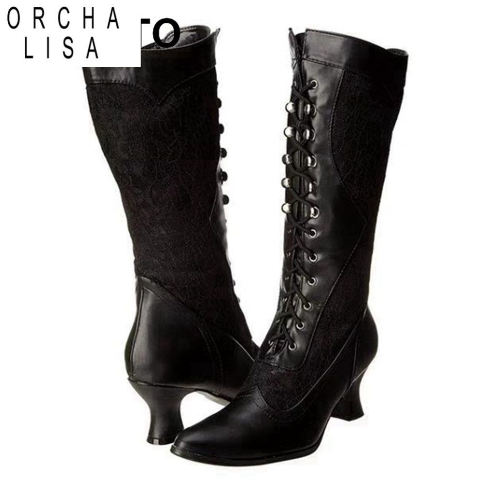 ORCHA LISA 2021 Lange Stiefel für Damen, weites Bein, Spitze, spitzer Zehenbereich, niedriger kleiner Absatz, Kreuzriemen, Schwarz, Weiß, große Größe S2440