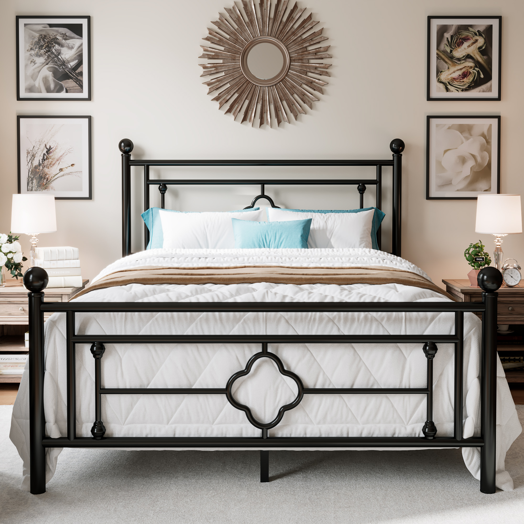 HOOMIC 14-inch metalen platformbedframe, vintage Victoriaanse stijl, smeedijzeren hoofdeinde en voeteinde