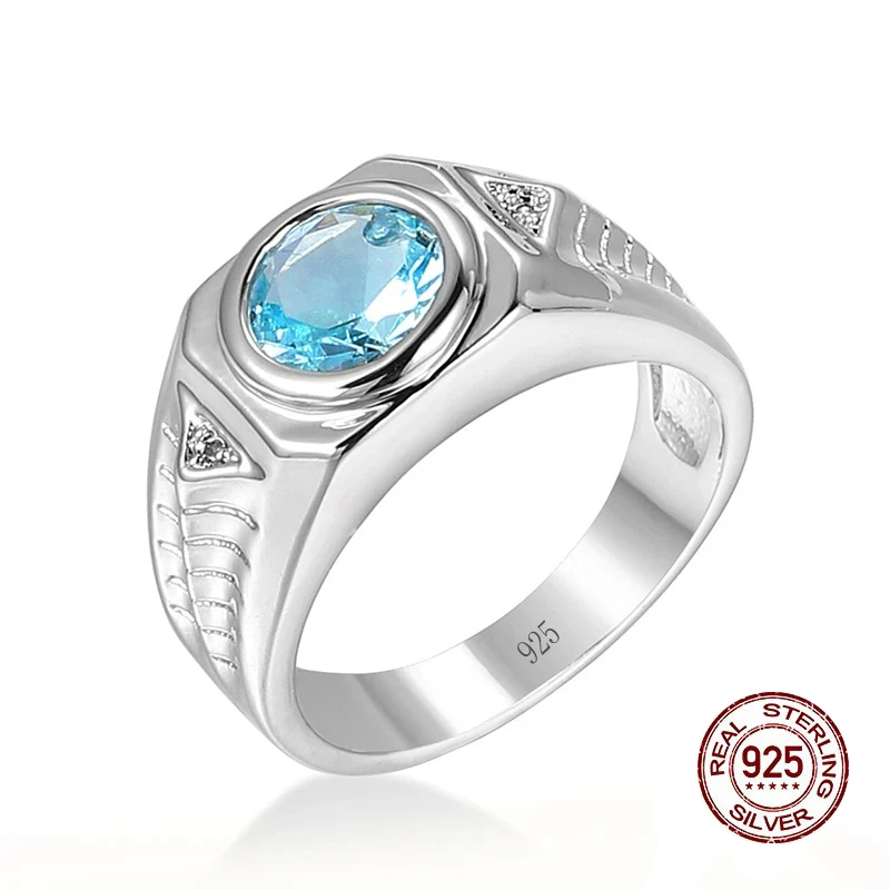 Anillos de circón azul con piedras preciosas de Aguamarina de laboratorio para hombre, joyería de boda de Plata de Ley 925 de lujo Vintage, bisutería para regalos