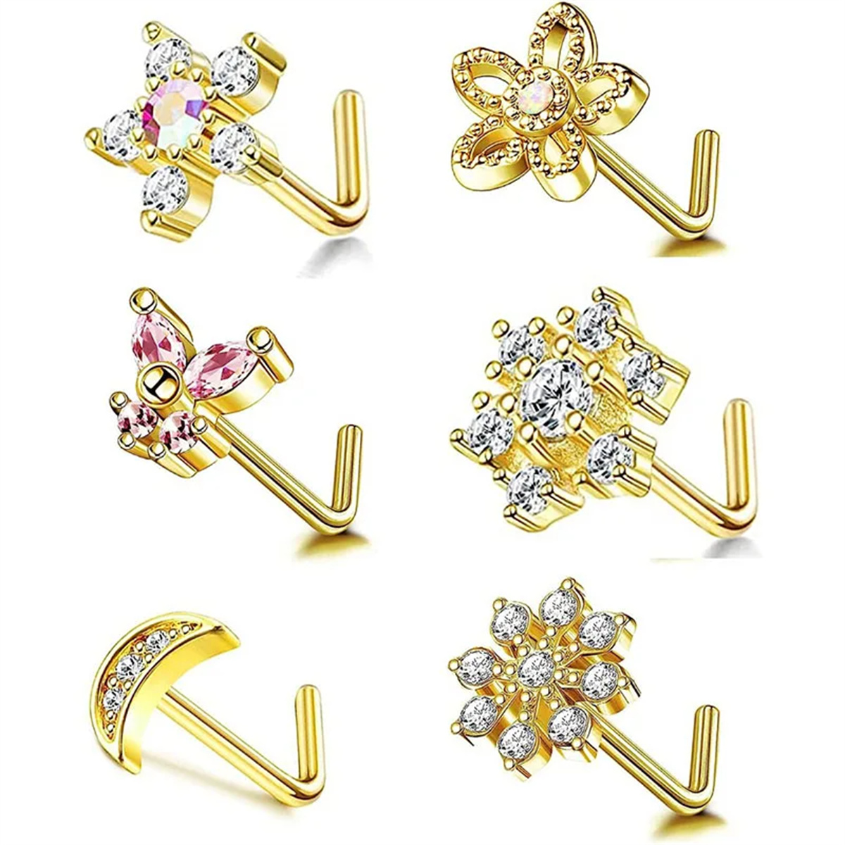 6/18Pcs 20G Nose Rings Studs, L-Shape Nose Studs Nostrial Nose Piercing Body Jewerly CZ Nose Screw Studs Rings