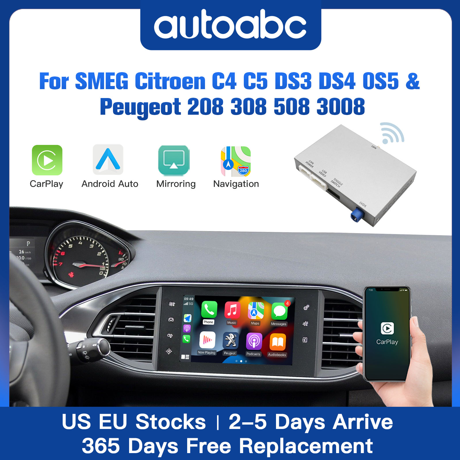 Draadloze Apple Carplay Android Auto-module voor Peugeot 208 308 508 3008  Citroën C4 C3 DS3 DS4 DS5 SMEG-systeem Airplay Mirror Link Multimedia Ondersteuning OEM after-sales camera