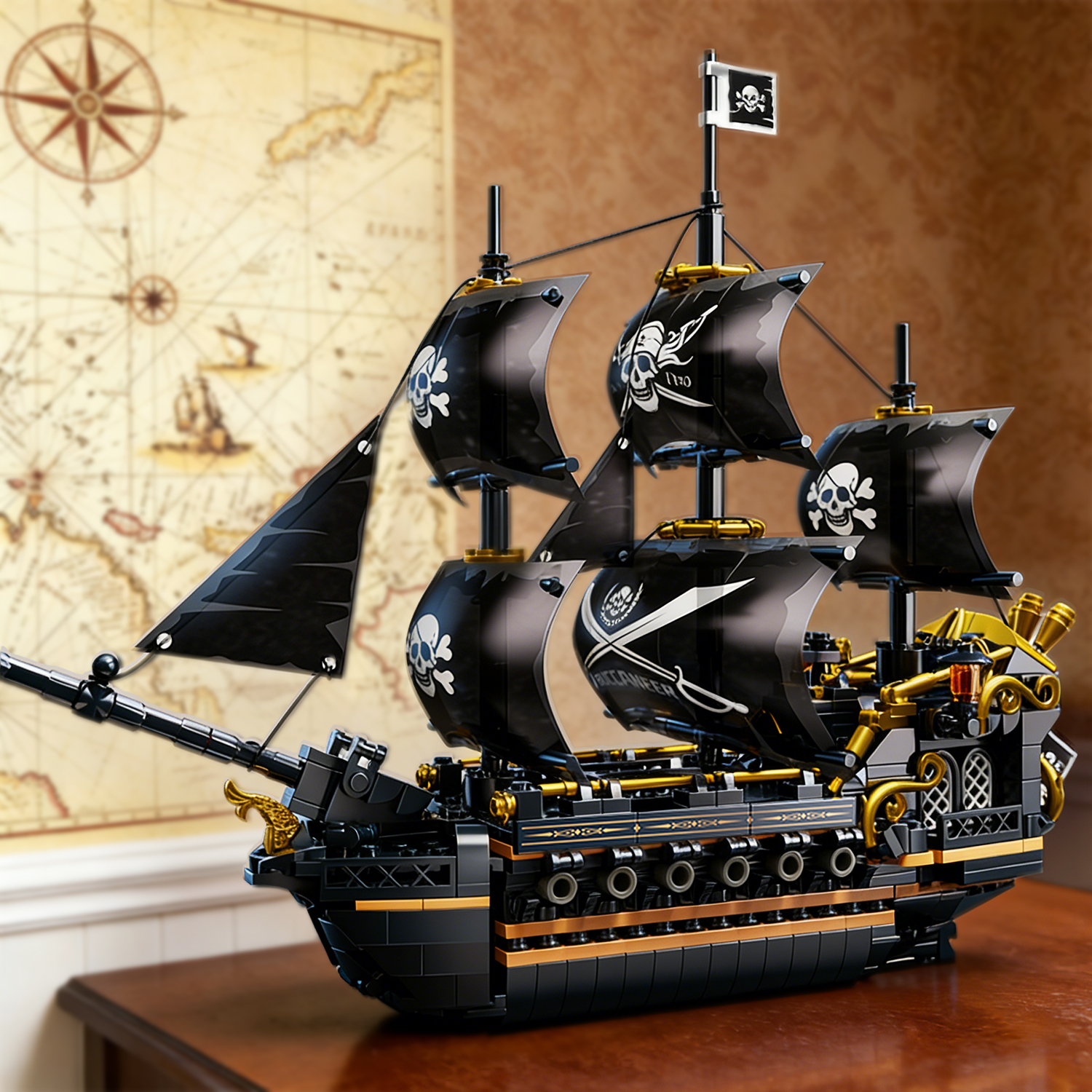 Schwarzes Piratenschiff-Bausteinset: Dreimastiges Segelboot-Modell aus Bausteinen mit Doppeldecks – Desktop-Dekoration, Spielzeug, Geschenke