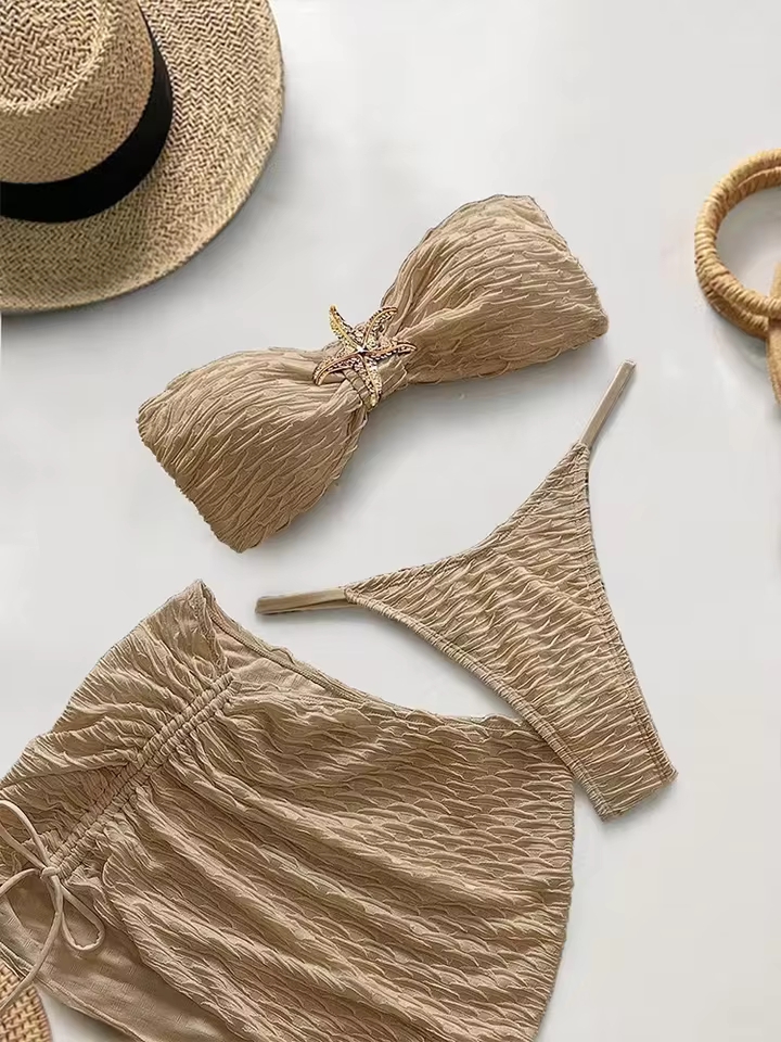 Vzvn Sexy Bikini Solido Senza Spalline da Donna, Costume da Bagno Diviso per Vacanze al Mare, Bikini 2026 Tutte le Stagioni, Bikini Senza Schienale con Gonna, Set 3 Pezzi