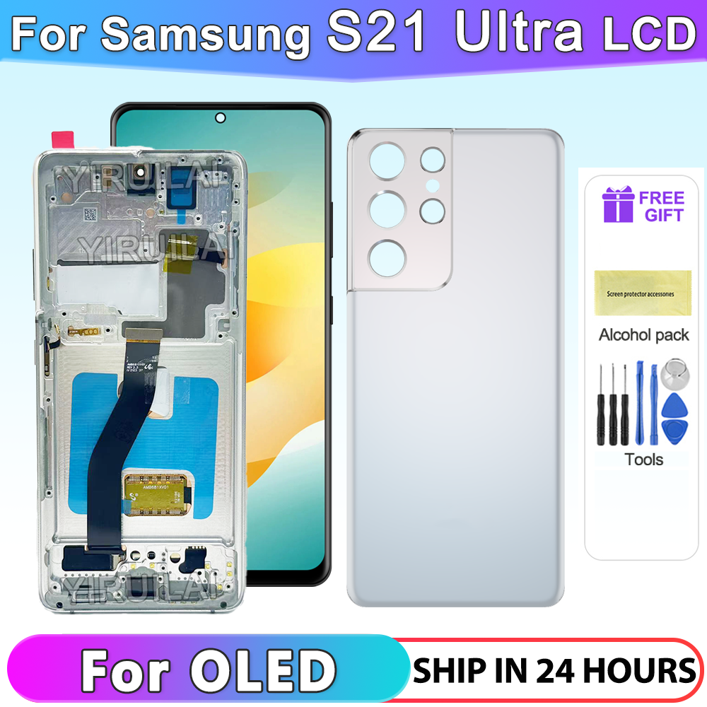 Tela amoled s21 ultra com moldura para samsung galaxy s21 ultra 5g g998b g998b/ds display lcd tela de toque digitador assembléia