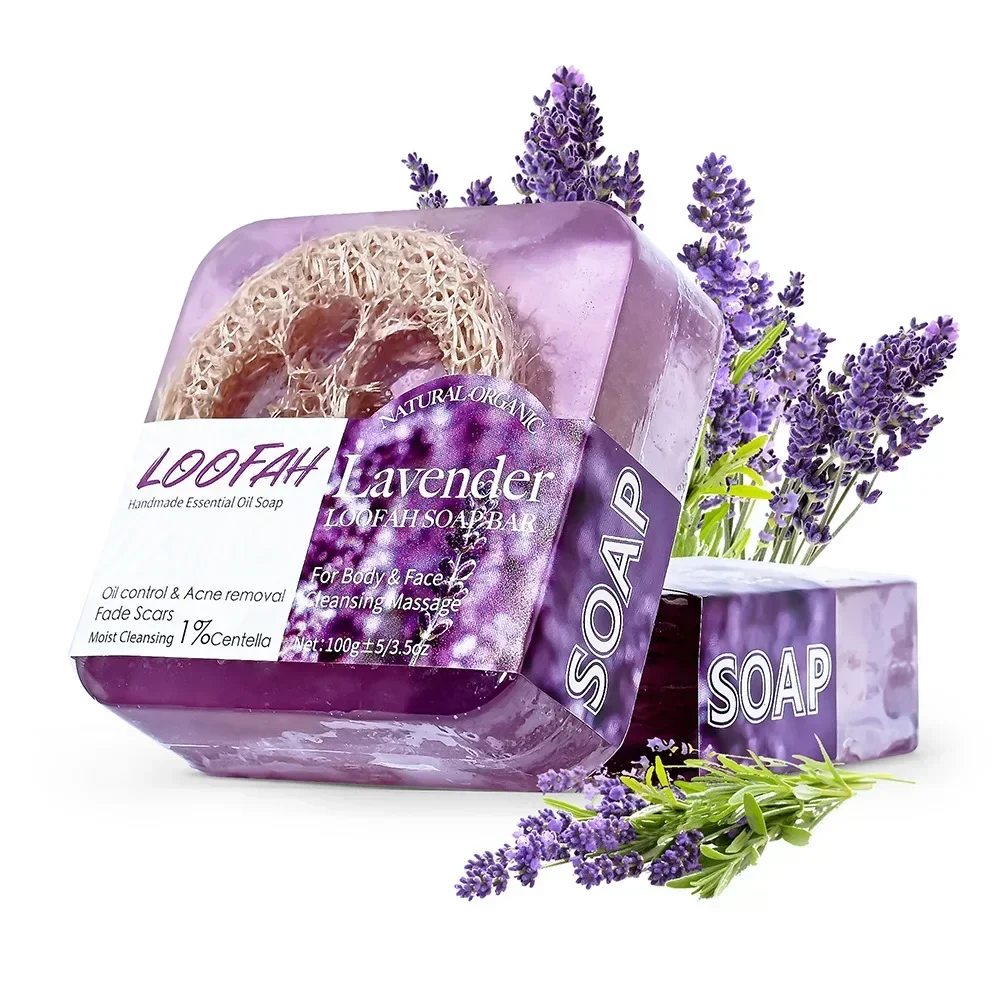 Jabón de ácido kójico hecho a mano con lufa, 100g, limón, lavanda, rosa, cúrcuma, aceite esencial, barra de baño, nuevo diseño, limpieza exfoliante